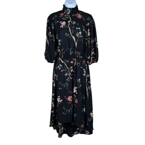 Nanette Lepore Dark Floral Hi-Low Puff Sleeve Dress 2 Whimsigoth Bloomcore Black - Picture 4 of 13